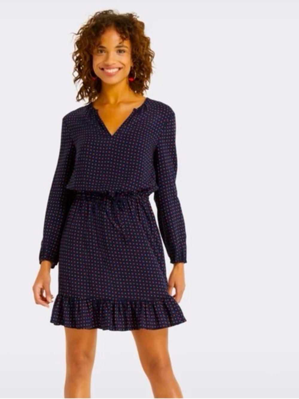 Draper James Navy Dress with Red Floral and Polka Dot Print and Ruffle Hem XL